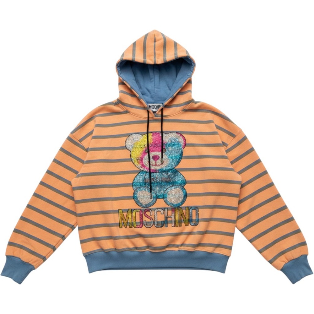 Moschino Couture Hoodie L Orange Blue Striped Rhinestone Teddy Bear Streetwear